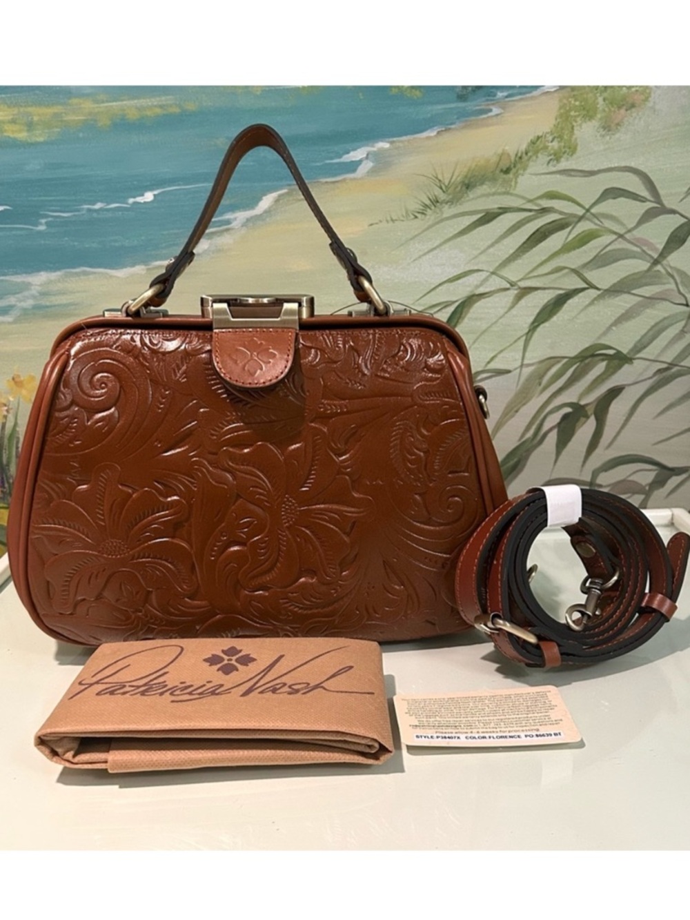 NWOT Patricia Nash Gracchi Tooled Leather Frame Brown Satchel/Crossbody.